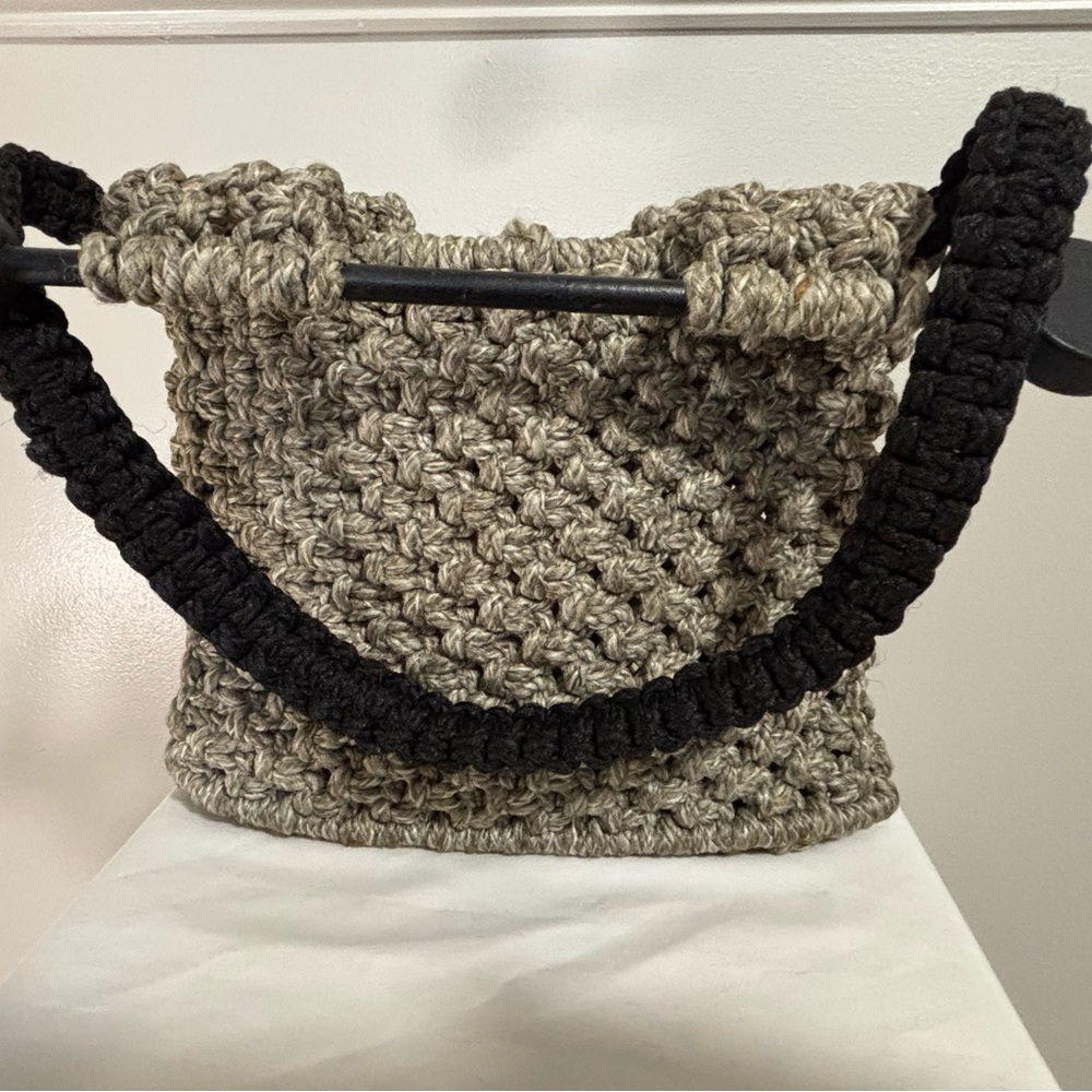Handcrafted Gray Crochet Shoulder Bag with Black Strap